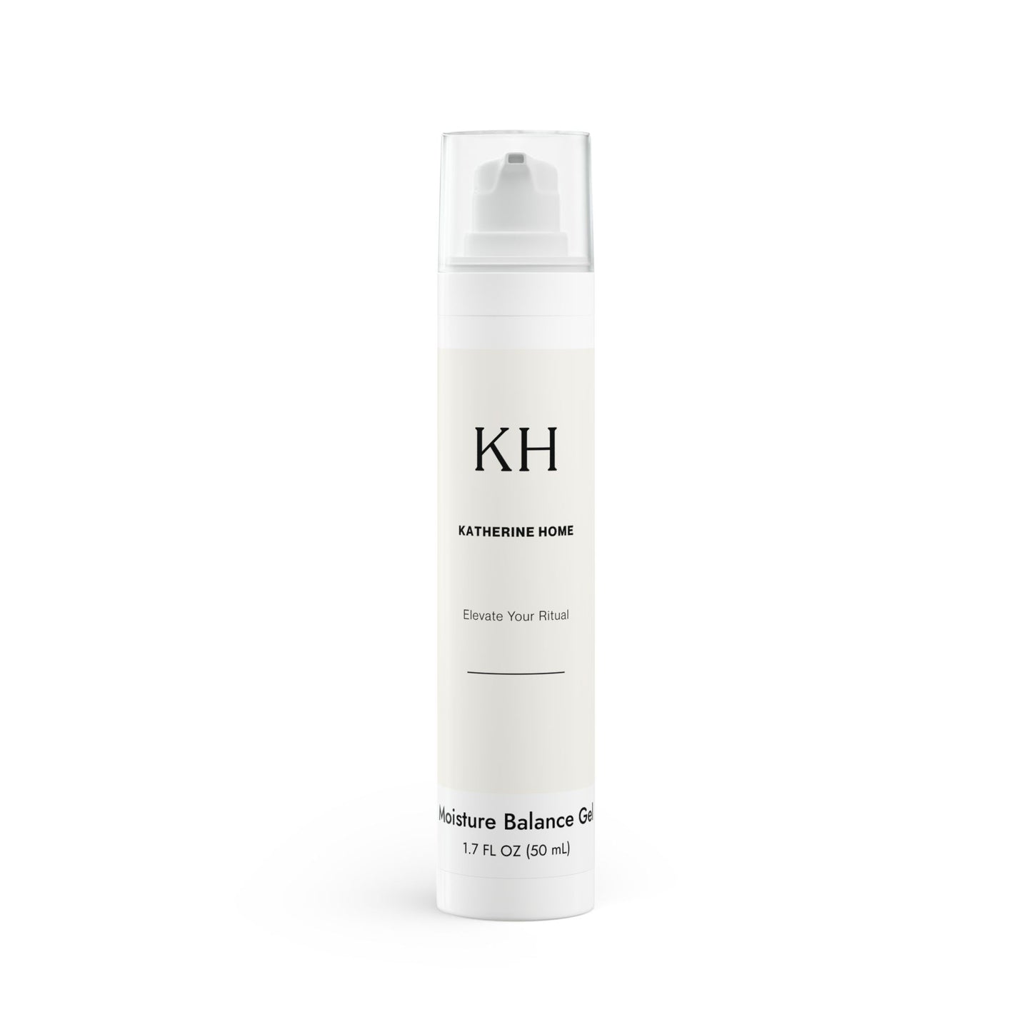 Front view of Katherine Home Moisture Balance Gel in 1.7 oz white airless pump bottle