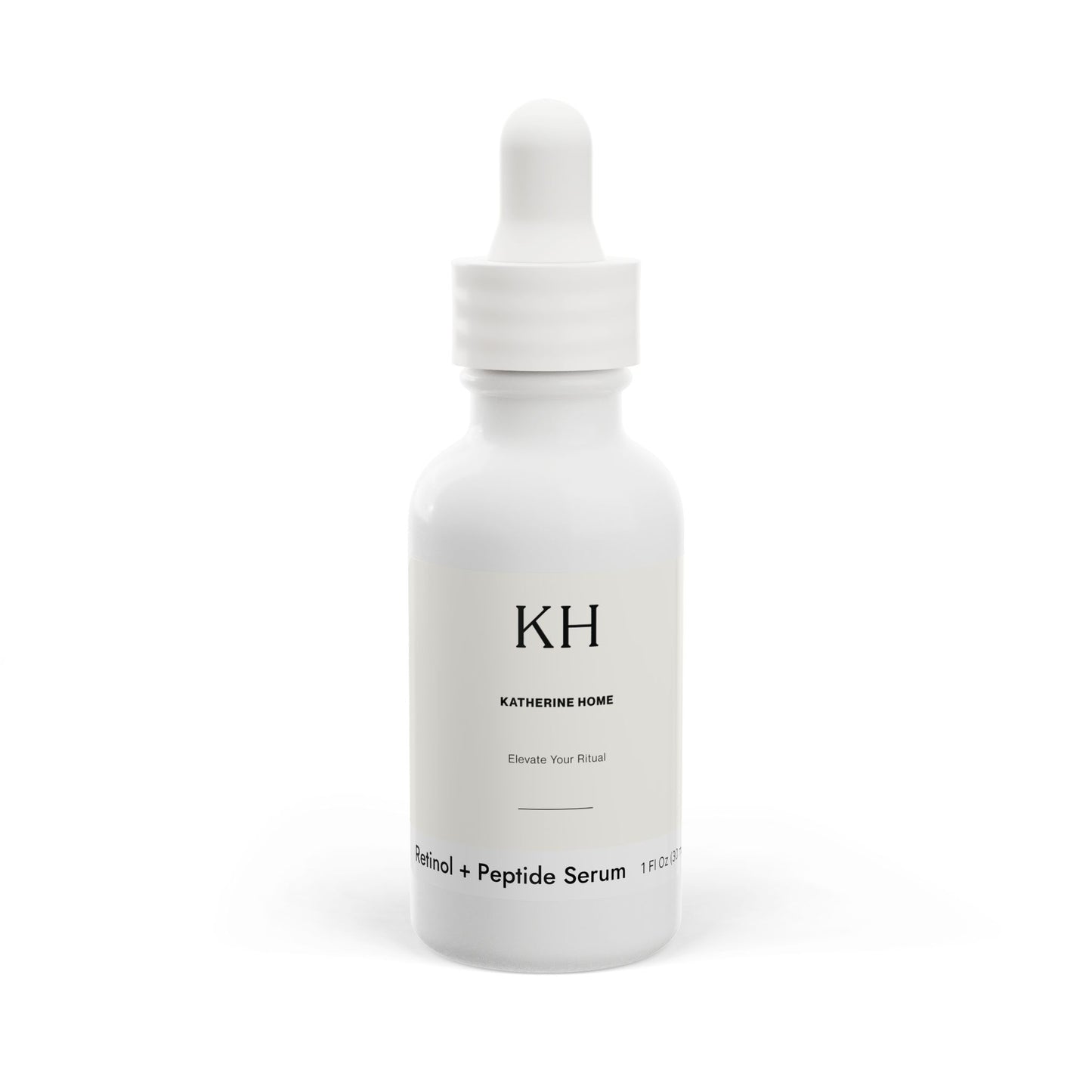 Front view of Katherine Home Retinol and Peptide Serum in white 1 oz dropper bottle