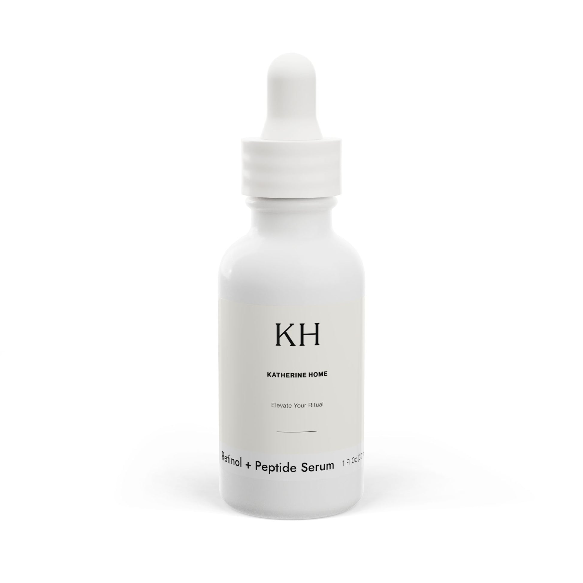 Front view of Katherine Home Retinol and Peptide Serum in white 1 oz dropper bottle